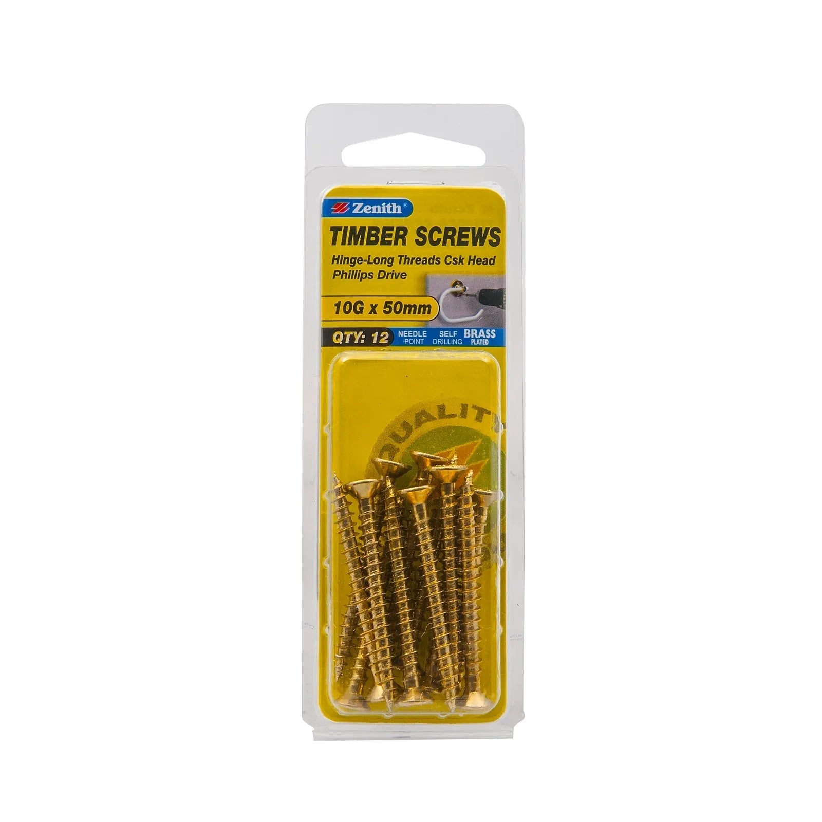 Zenith 10g x 50mm Brass Plated Hinge-Long Threads Countersunk Head Timber Screws - 12 Pack