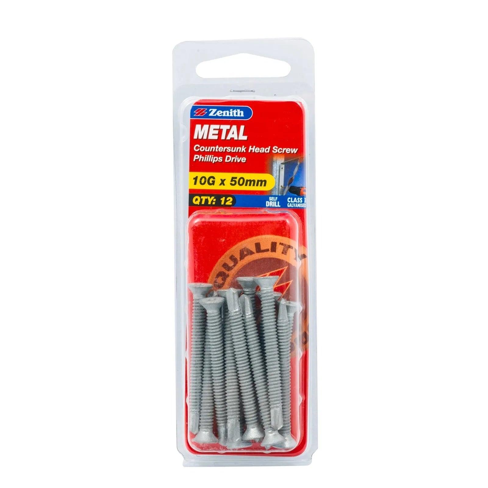 Zenith 10g x 50mm Galv Countersunk Head Metal Screws - 12 Pack