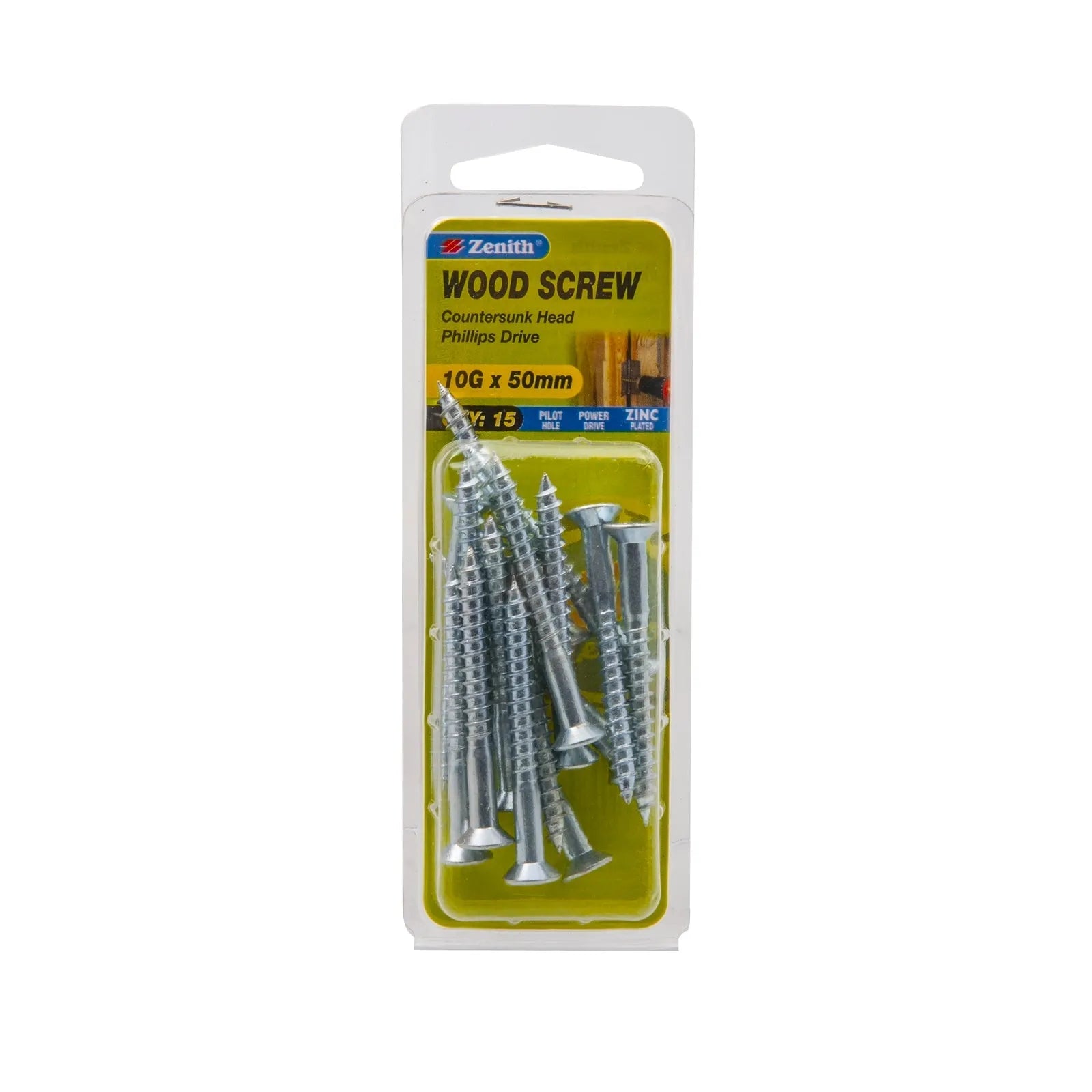 Zenith 10g x 50mm ZP Countersunk Head Wood Screws - 15 Pack