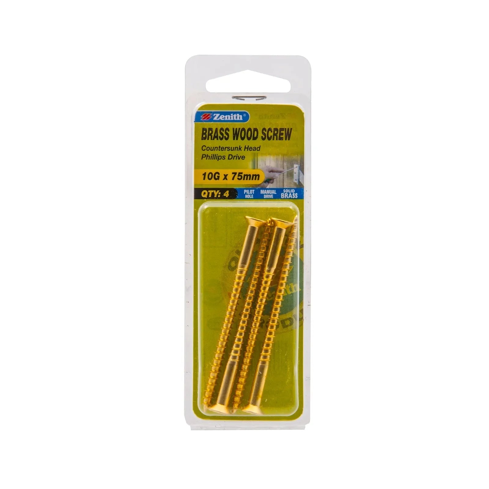 Zenith 10g x 75mm Solid Brass Countersunk Head Wood Screws - 4 Pack