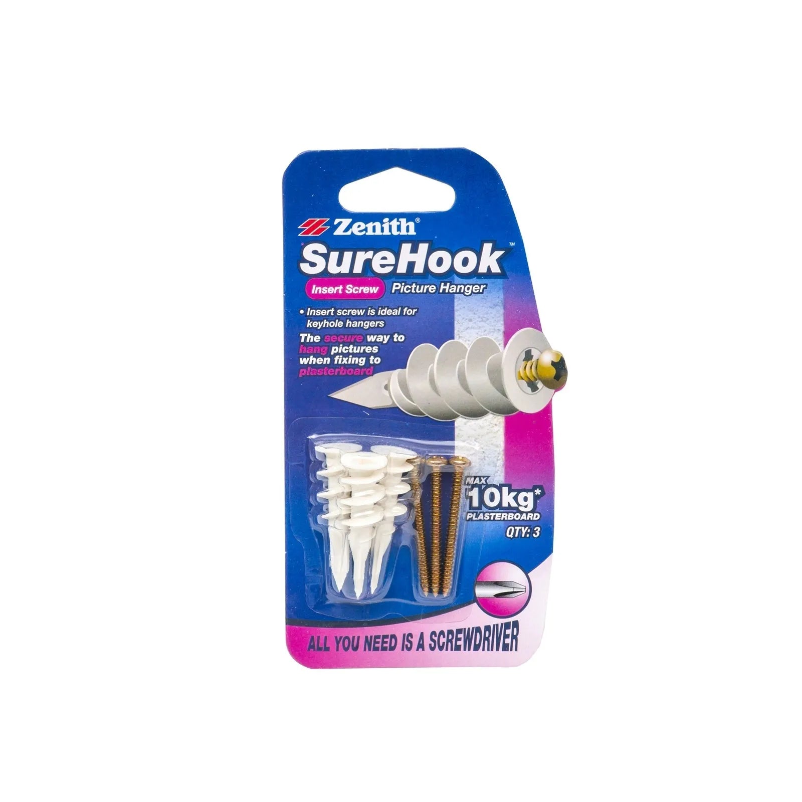 Zenith 10kg ZP SureHook Plasterboard Picture Hanger - 3 Pack