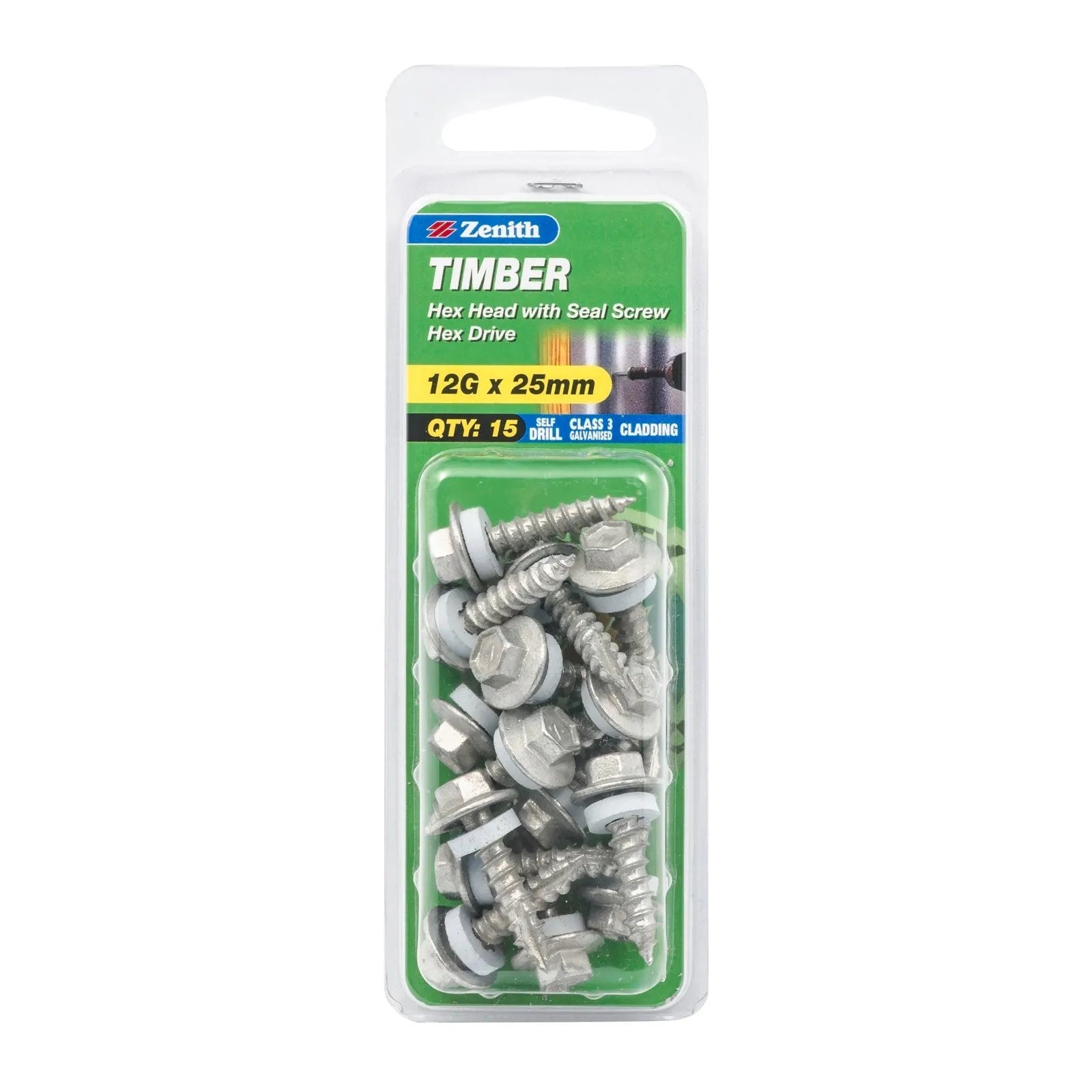 Zenith 12G x 25mm Galv Hex Head With Seal Timber Screws - 15 Pack