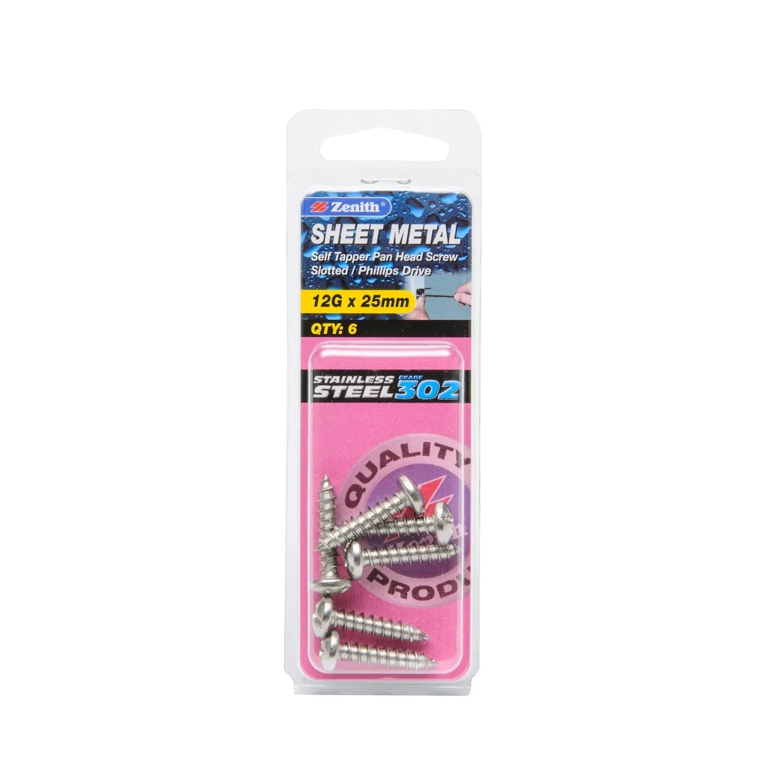 Zenith 12G x 25mm Stainless Steel Self Tapper Pan Head Sheet Metal Screws - 6 Pack