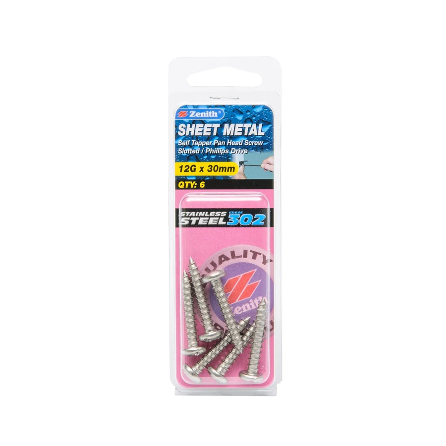 Zenith 12G x 30mm Stainless Steel Self Tapper Pan Head Sheet Metal Screws - 6 Pack