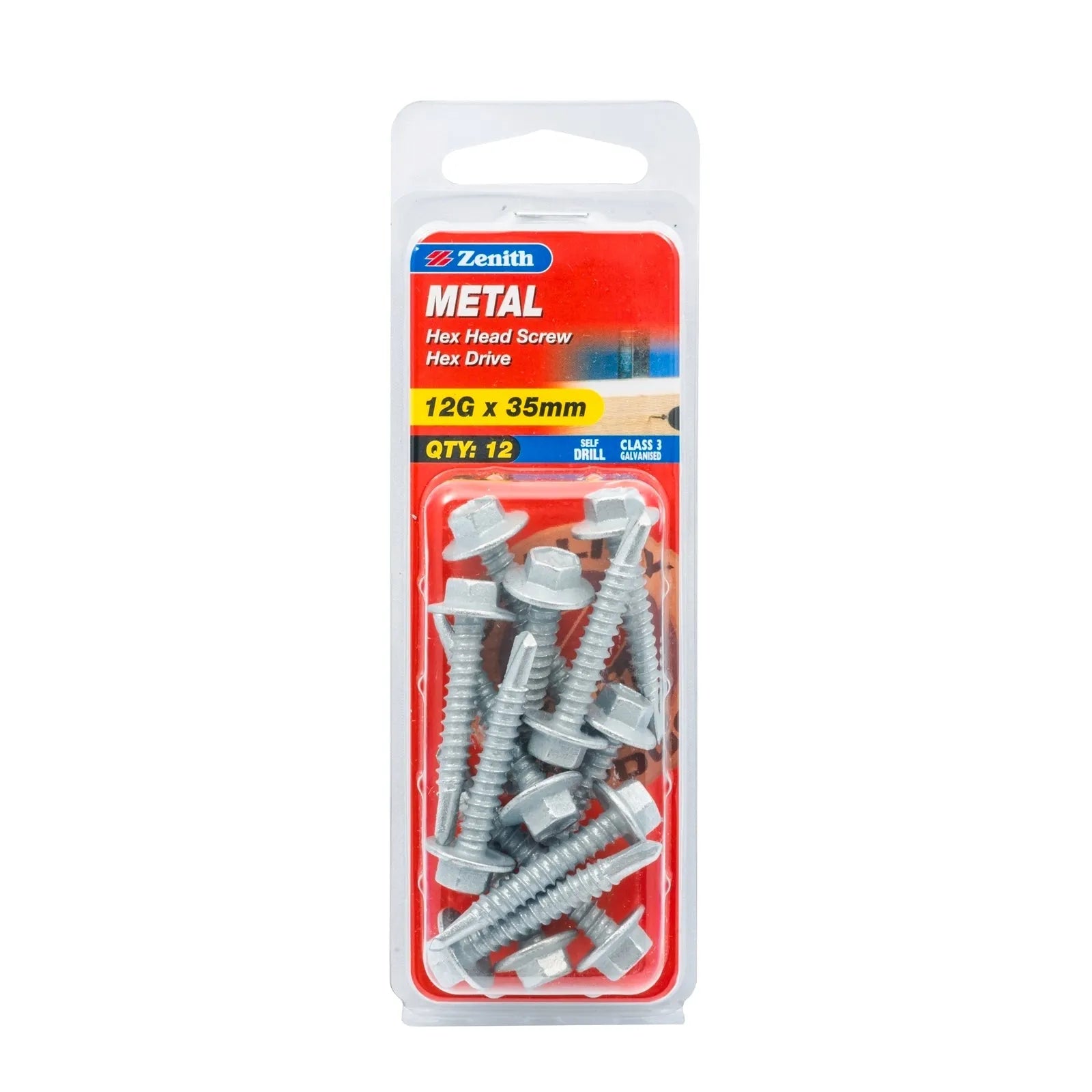 Zenith 12G x 35mm Galv Hex Head Metal Screws - 12 Pack