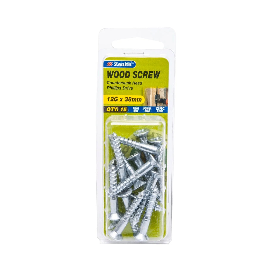 Zenith 12G x 38mm ZP Countersunk Head Wood Screws - 15 Pack