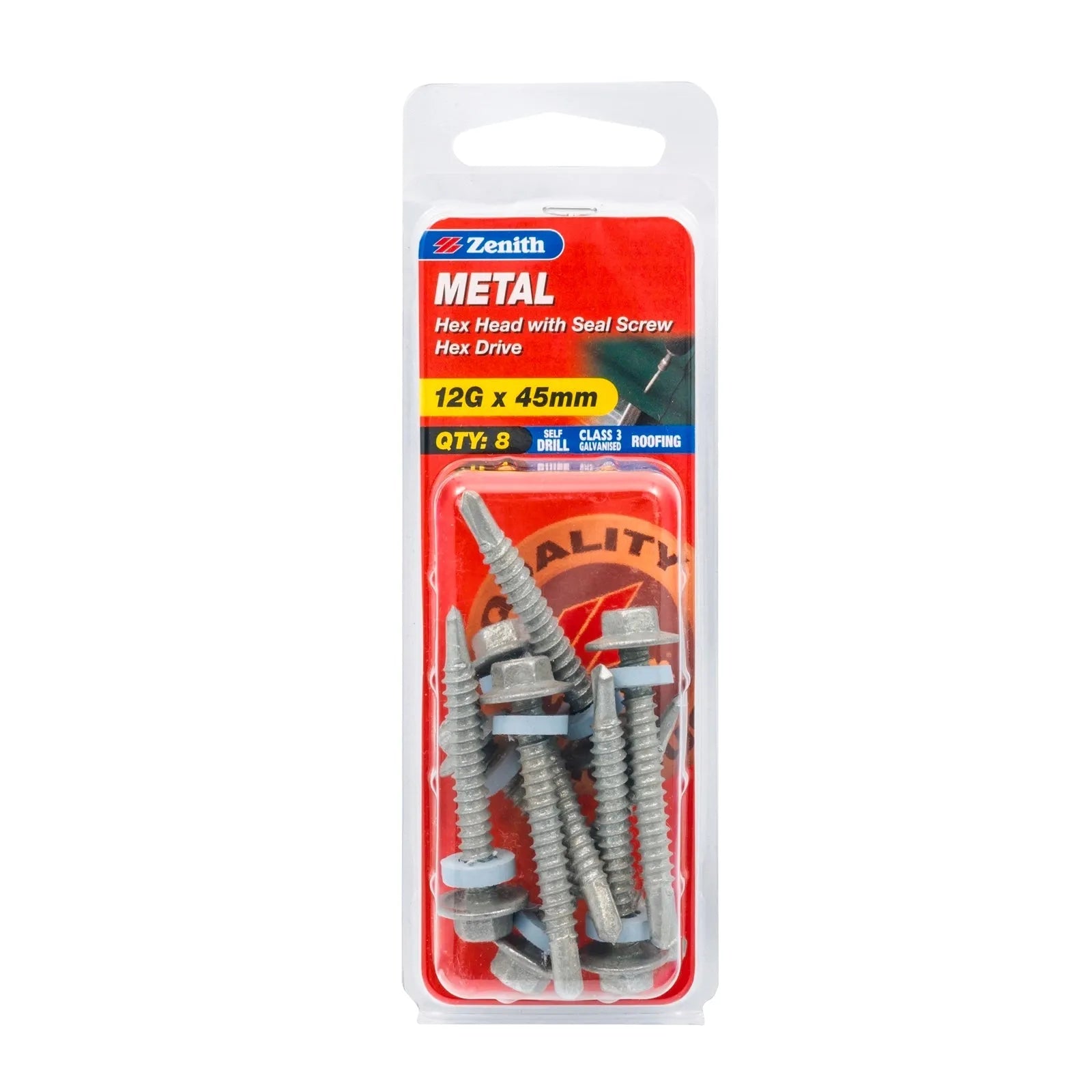 Zenith 12G x 45mm Galv Hex Head With Seal Metal Screws - 8 Pack