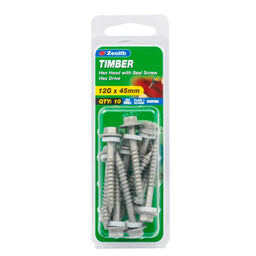 Zenith 12G x 45mm Galv Hex Head With Seal Timber Screws - 10 Pack
