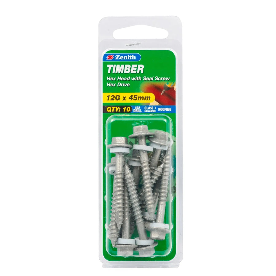 Zenith 12G x 45mm Galv Hex Head With Seal Timber Screws - 10 Pack