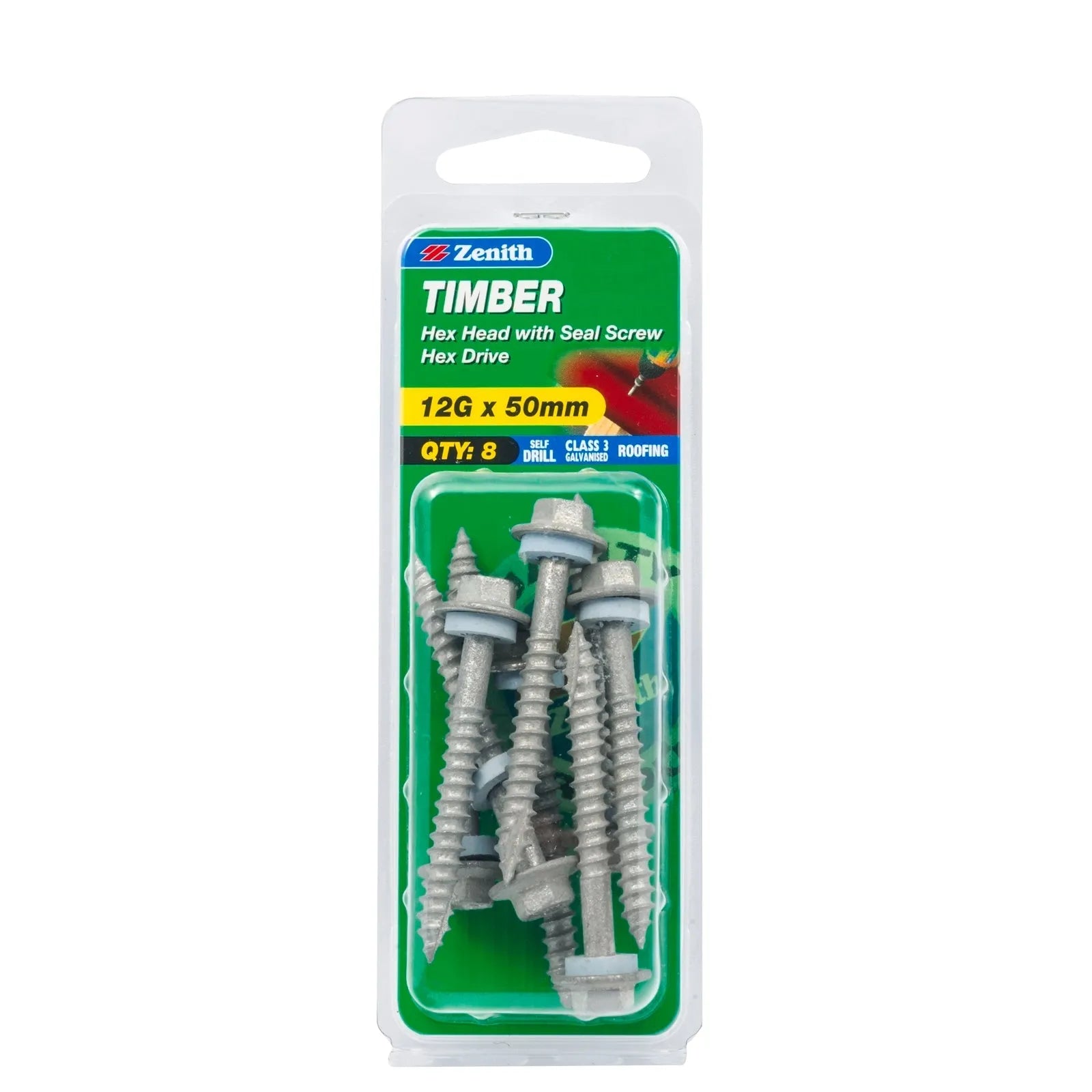 Zenith 12G x 50mm Galv Hex Head With Seal Timber Screws - 8 Pack