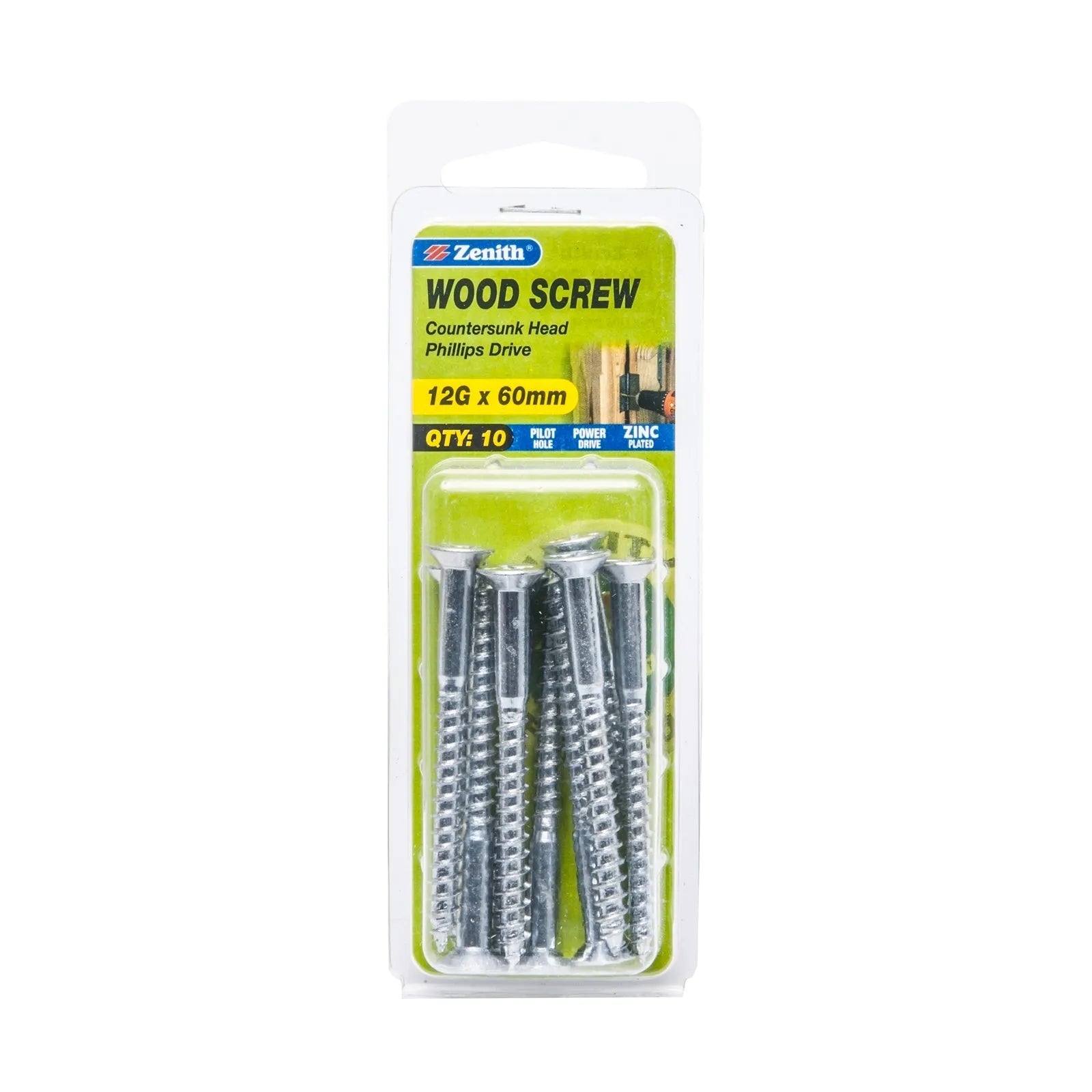 Zenith 12G x 60mm ZP Countersunk Head Wood Screws - 10 Pack