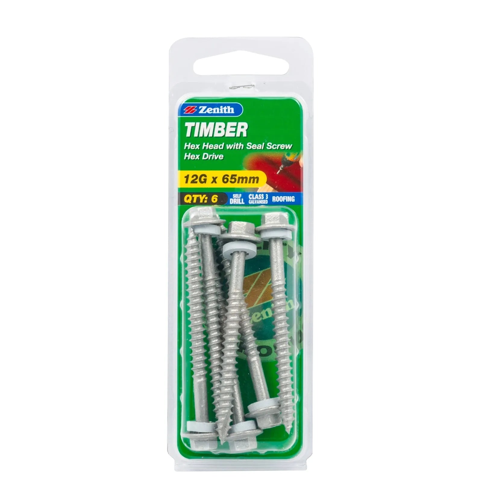 Zenith 12G x 65mm Galv Hex Head With Seal Timber Screws - 6 Pack