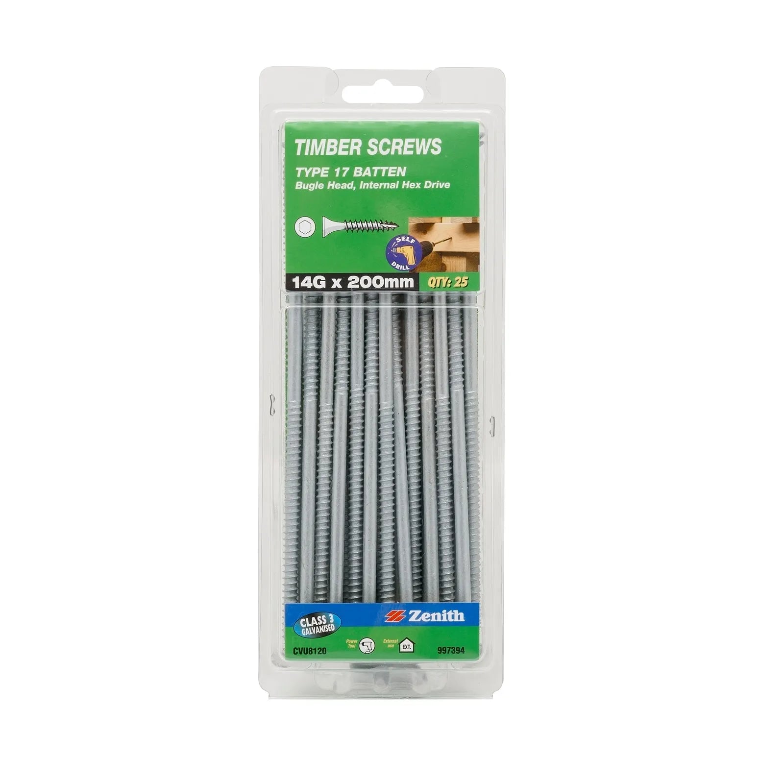 Zenith 14G x 200mm Galv Type 17 Batten Bugle Head Timber Screws - 25 Pack
