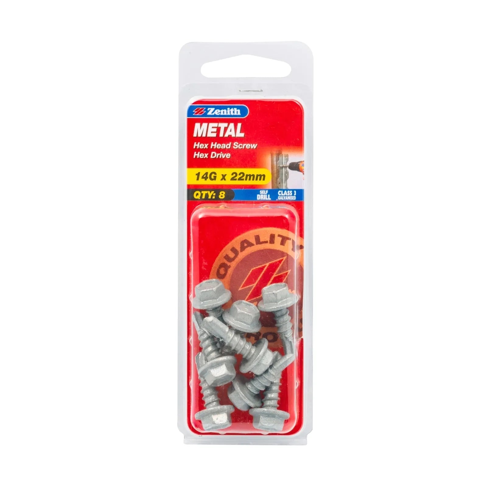 Zenith 14G x 22mm Galv Hex Head Metal Screws - 8 Pack