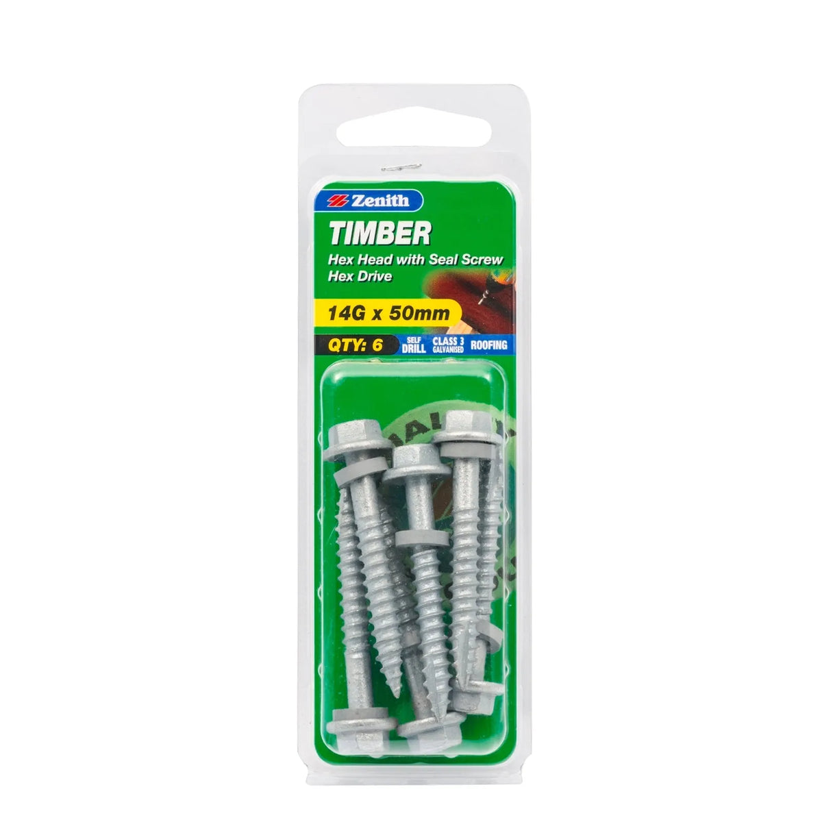 Zenith 14G x 50mm Galv Hex Head With Seal Timber Screws - 6 Pack