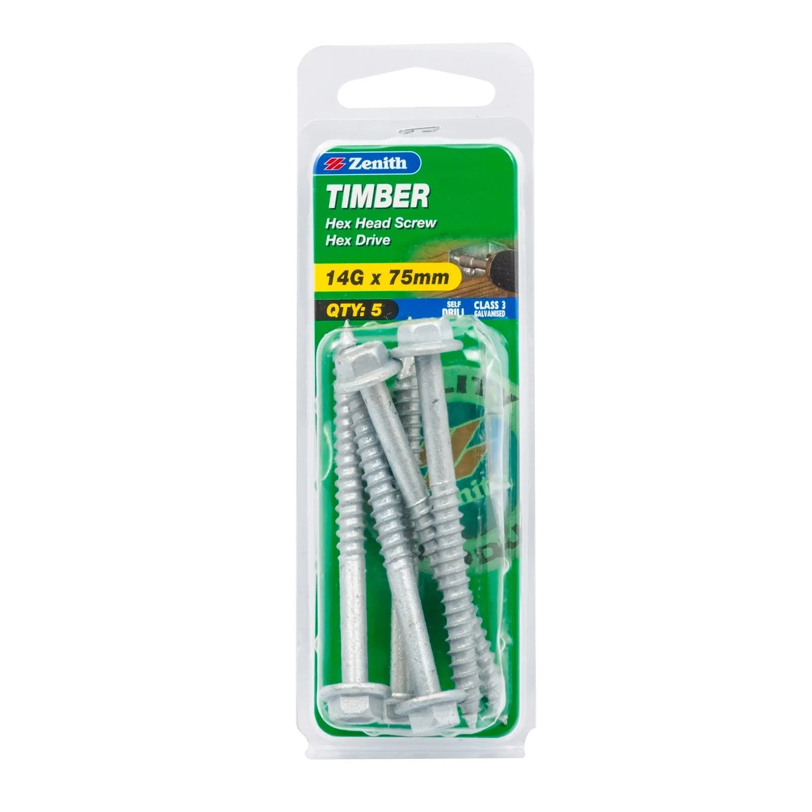 Zenith 14G x 75mm Galv Hex Head Timber Screws - 5 Pack