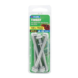 Zenith 14G x 75mm Galv Hex Head With Seal Timber Screws - 5 Pack