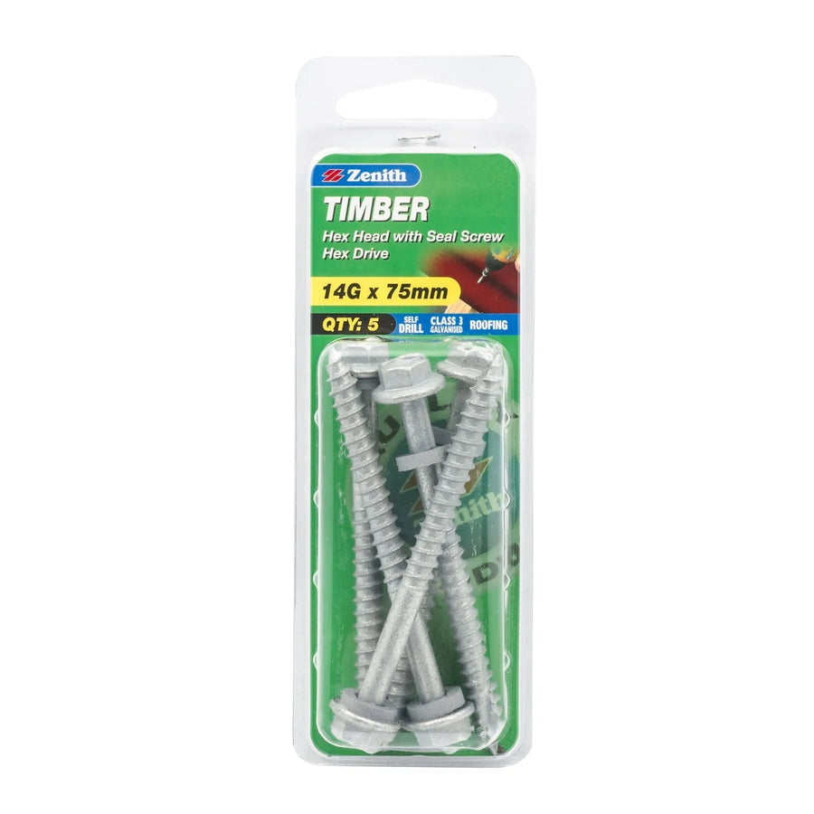 Zenith 14G x 75mm Galv Hex Head With Seal Timber Screws - 5 Pack