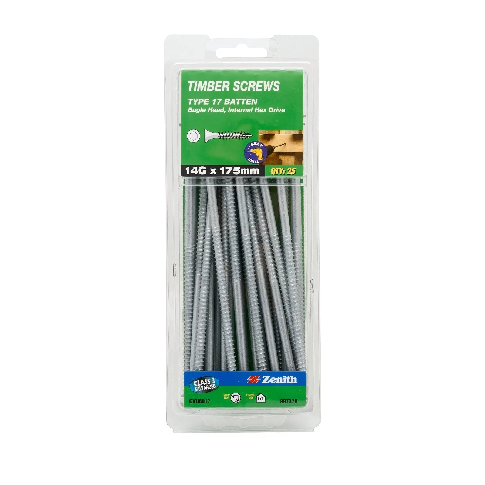 Zenith 14 - 10 x 175mm Galv Type 17 Batten Bugle Head Timber Screws - 25 Pack