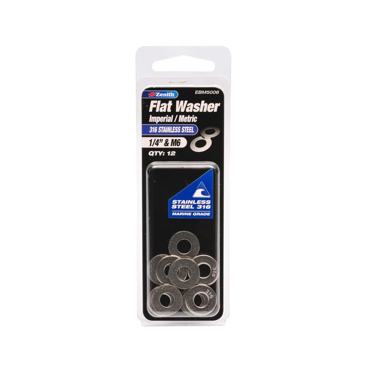 Zenith 1/4" & M6 316 Stainless Steel Flat Washer - 12 Pack
