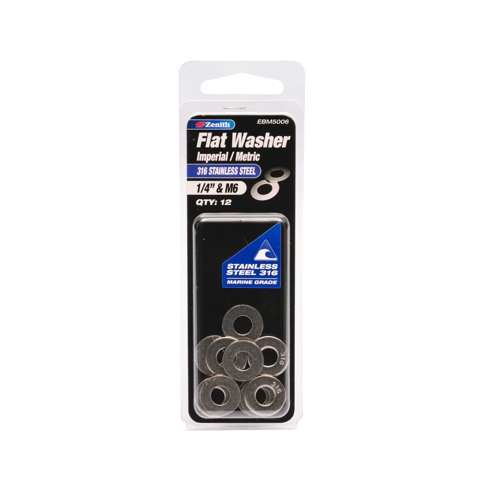 Zenith 1/4" & M6 316 Stainless Steel Flat Washer - 12 Pack