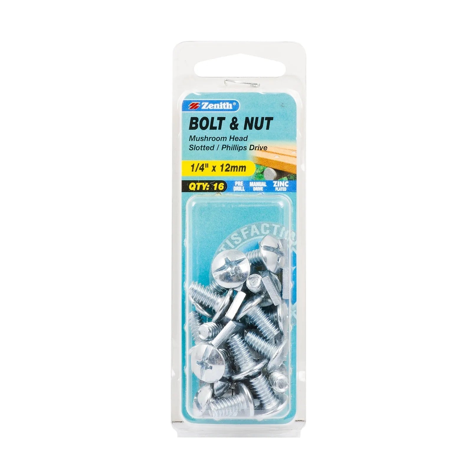 Zenith 1/4" x 12mm ZP Mushroom Head Bolt & Nut - 16 Pack