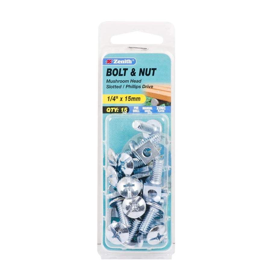Zenith 1/4" x 15mm ZP Mushroom Head Bolt & Nut - 15 Pack