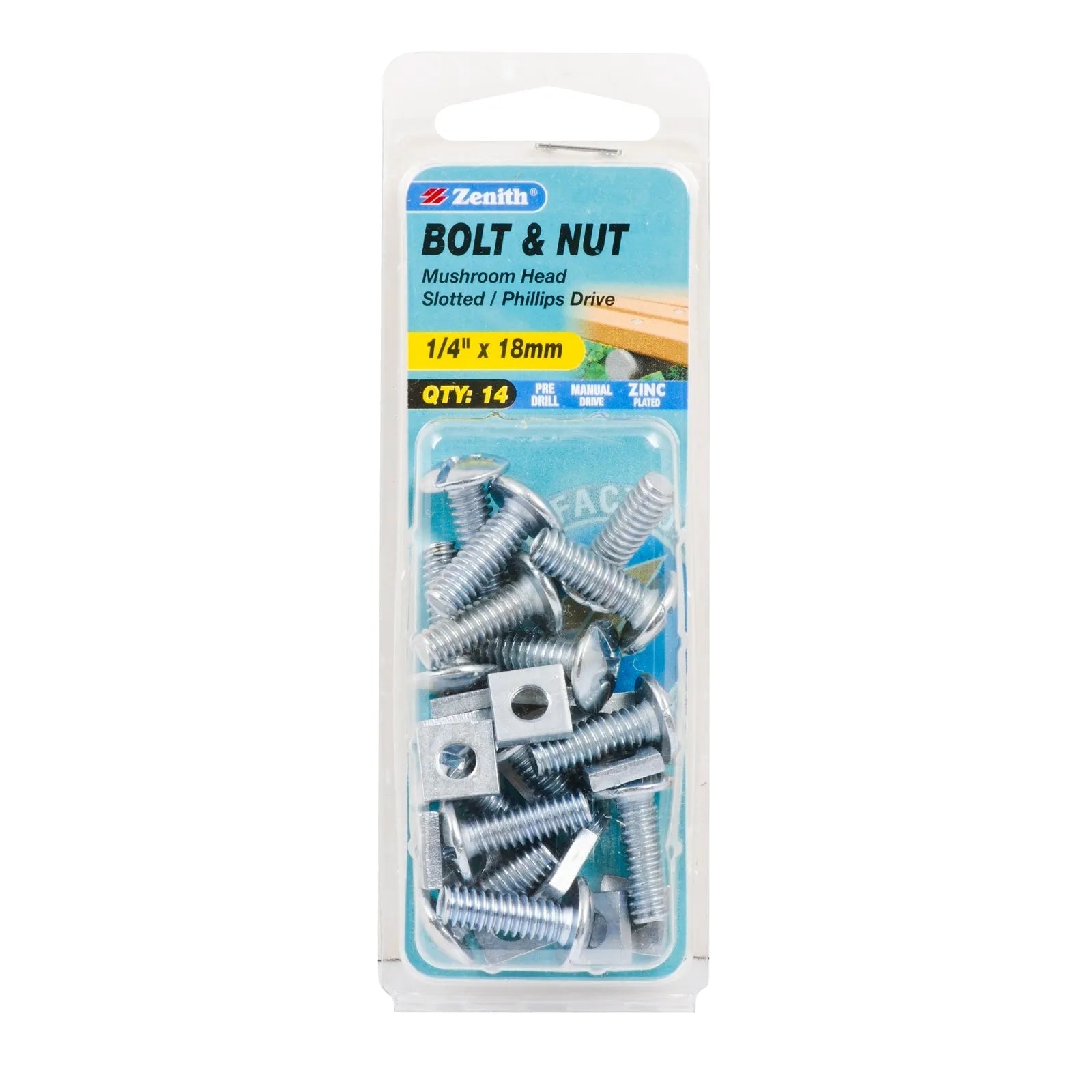 Zenith 1/4" x 18mm ZP Mushroom Head Bolt & Nut - 14 Pack