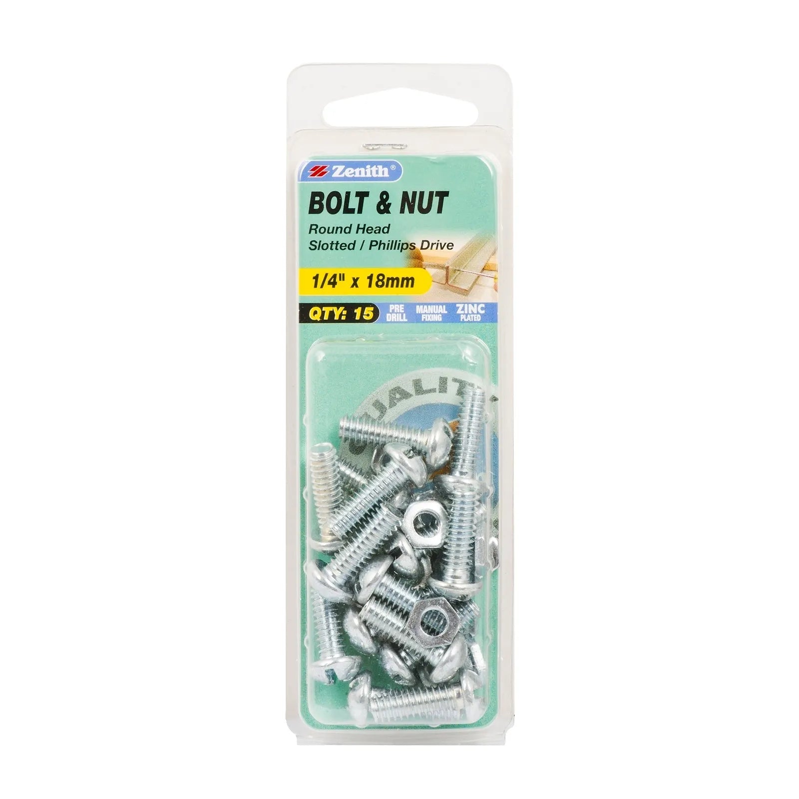 Zenith 1/4" x 18mm ZP Round Head Bolt & Nut - 15 Pack