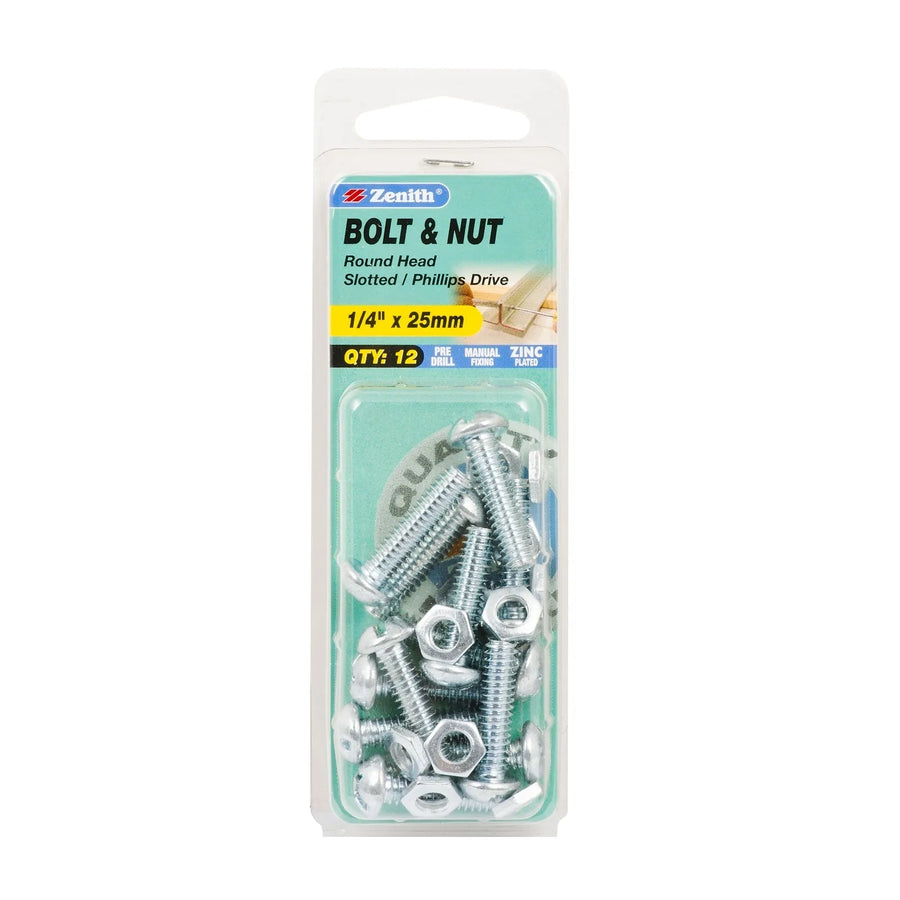 Zenith 1/4" x 25mm ZP Round Head Bolt & Nut - 12 Pack