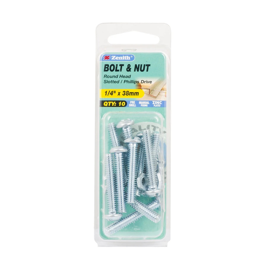 Zenith 1/4" x 38mm ZP Round Head Bolt & Nut - 10 Pack