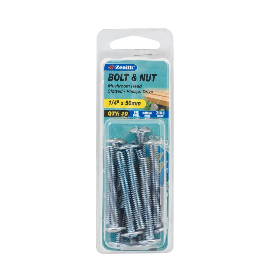 Zenith 1/4" x 50mm ZP Mushroom Head Bolt & Nut - 10 Pack