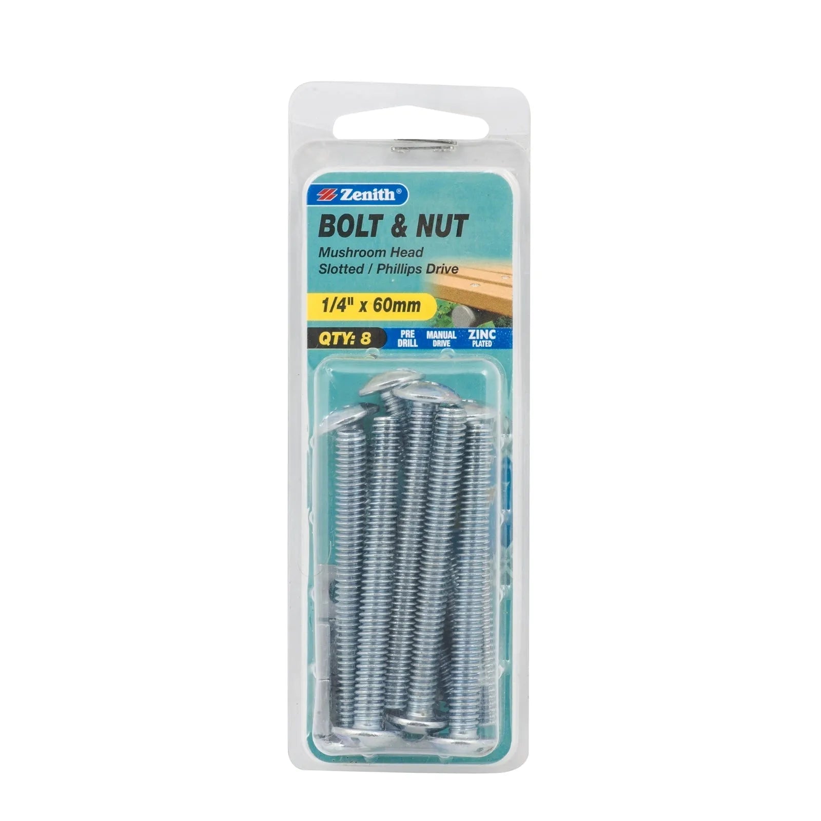 Zenith 1/4" x 60mm ZP Mushroom Head Bolt & Nut - 8 Pack