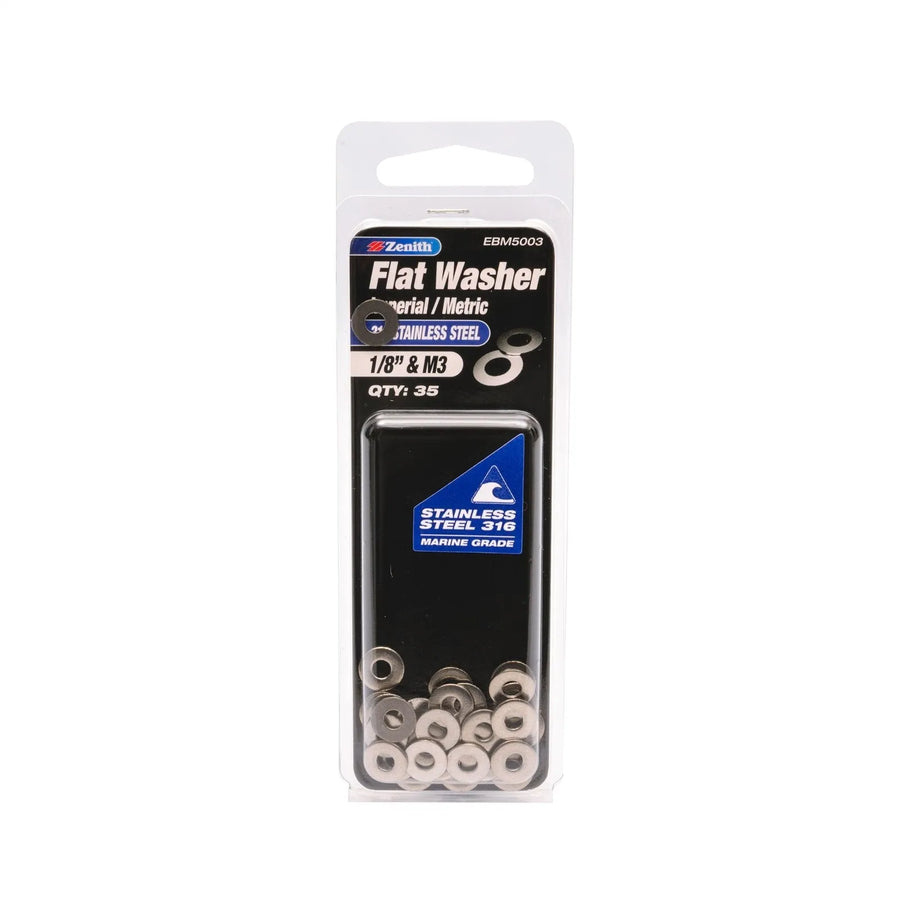 Zenith 1/8" & M3 316 Stainless Steel Flat Washer - 35 Pack