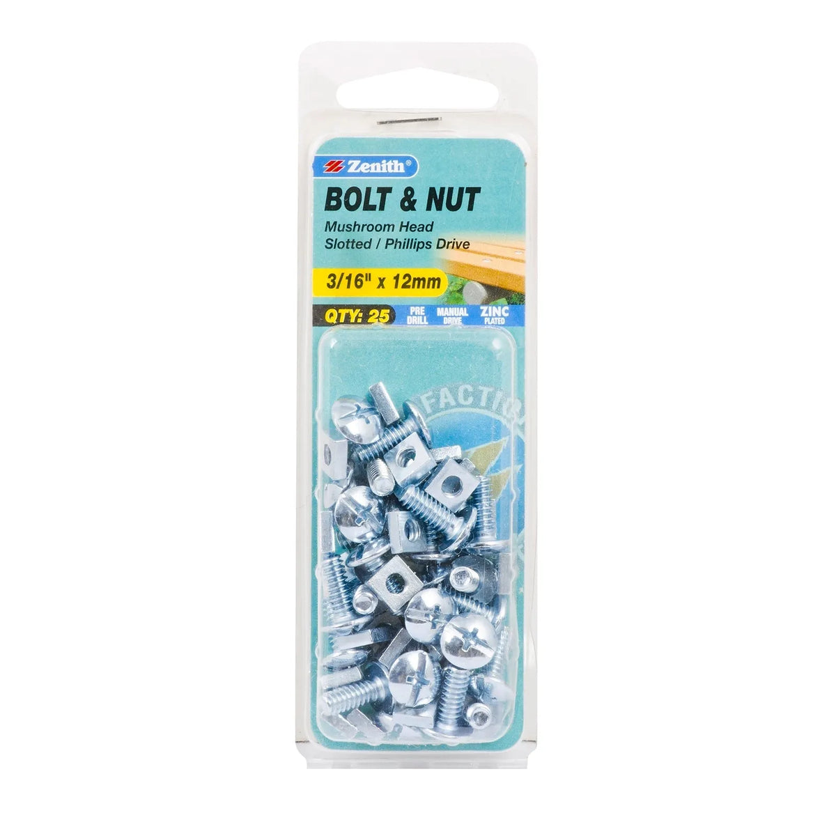 Zenith 3/16" x 12mm ZP Mushroom Head Bolt & Nut - 25 Pack