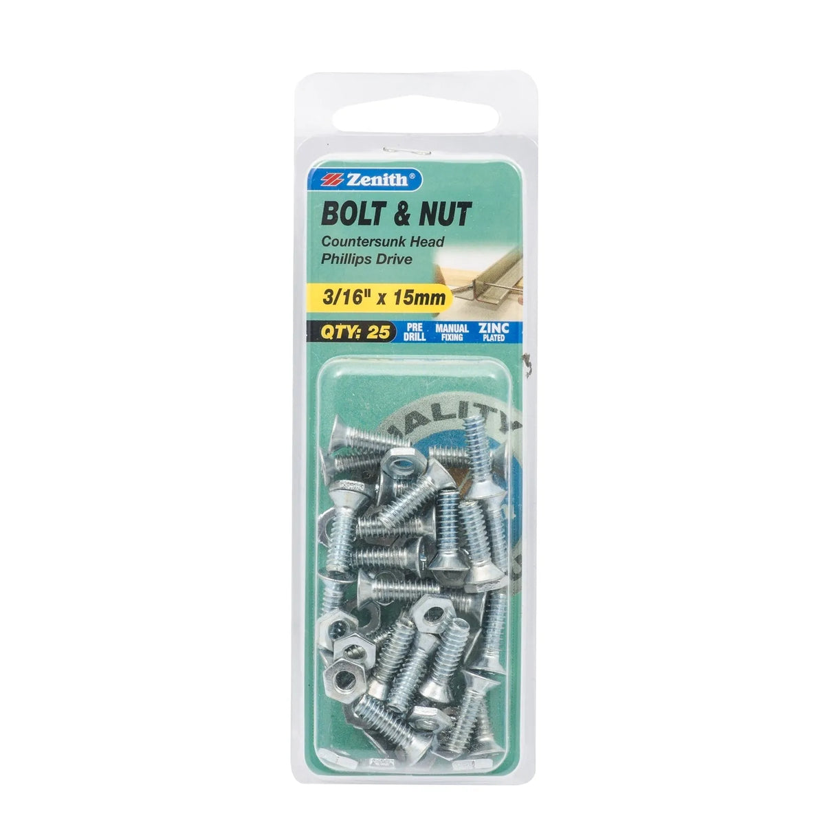 Zenith 3/16" x 15mm ZP Countersunk Bolt & Nut - 25 Pack