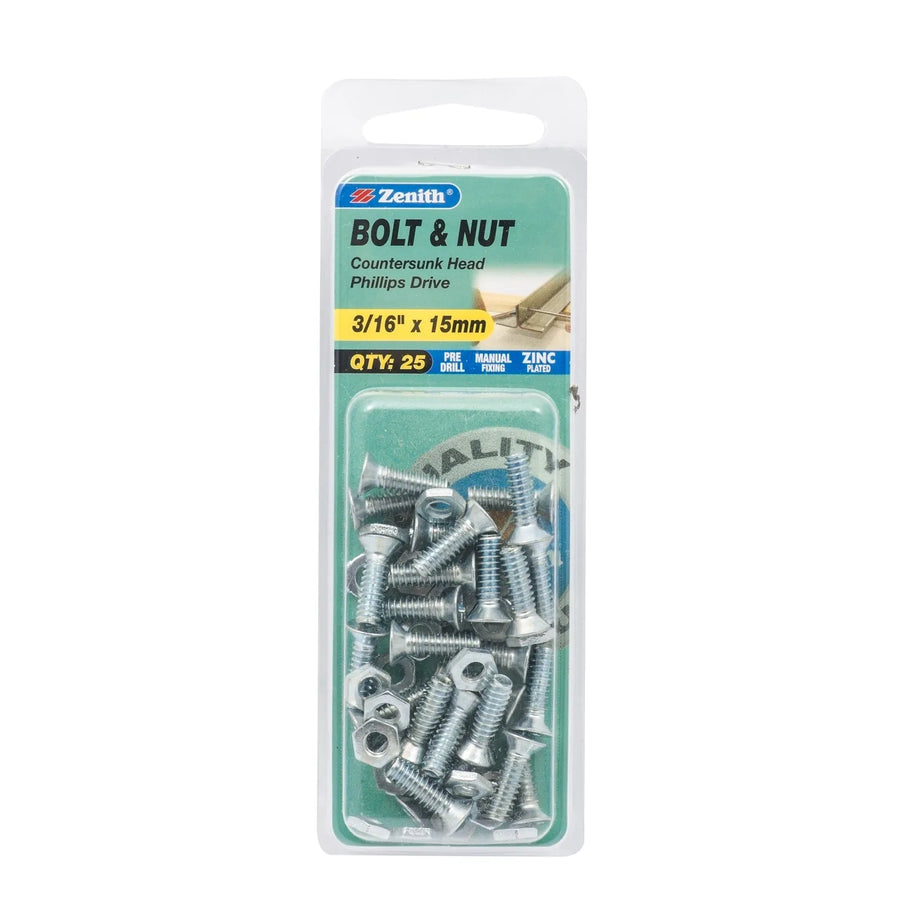 Zenith 3/16" x 15mm ZP Countersunk Bolt & Nut - 25 Pack