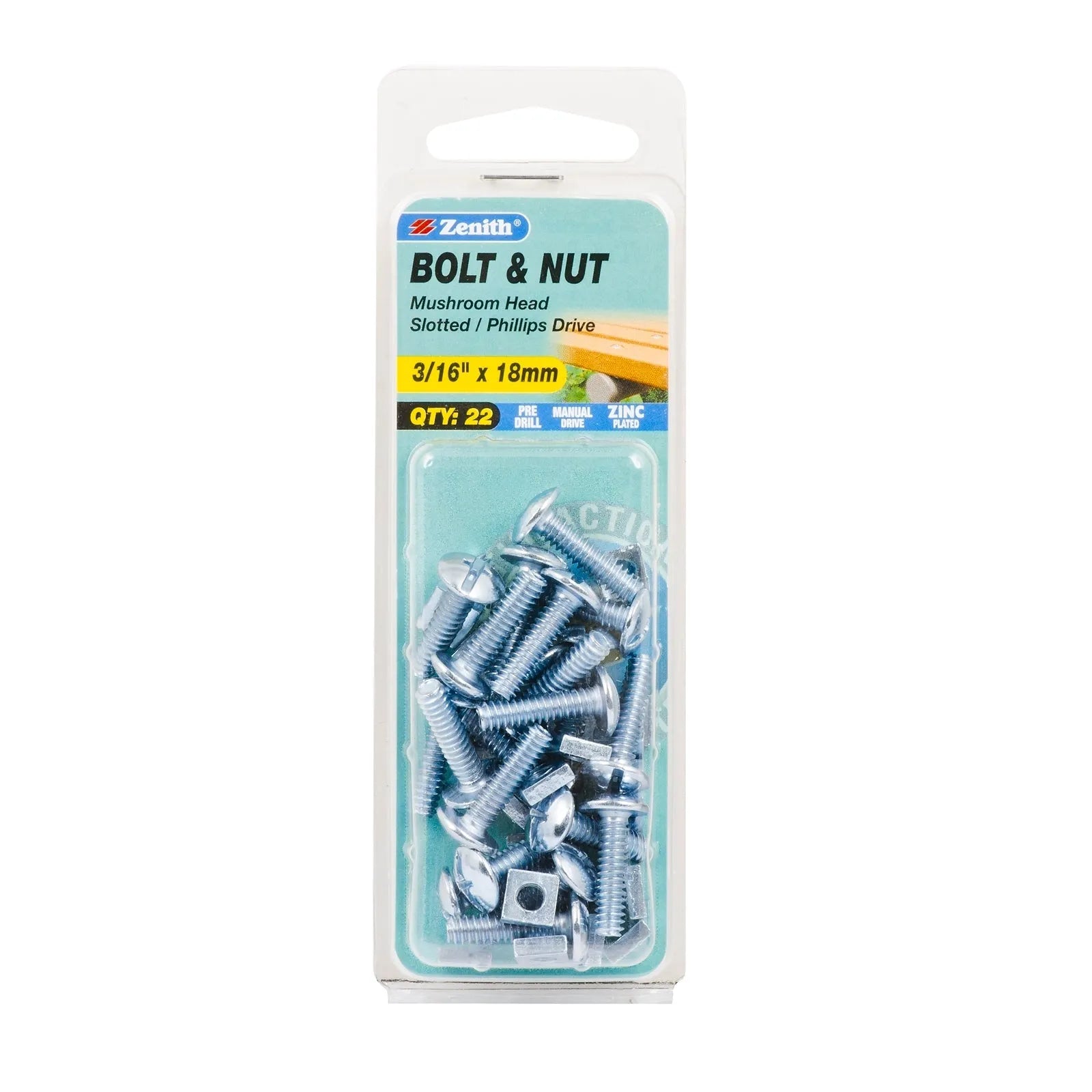 Zenith 3/16" x 18mm ZP Mushroom Head Bolt & Nut - 22 Pack