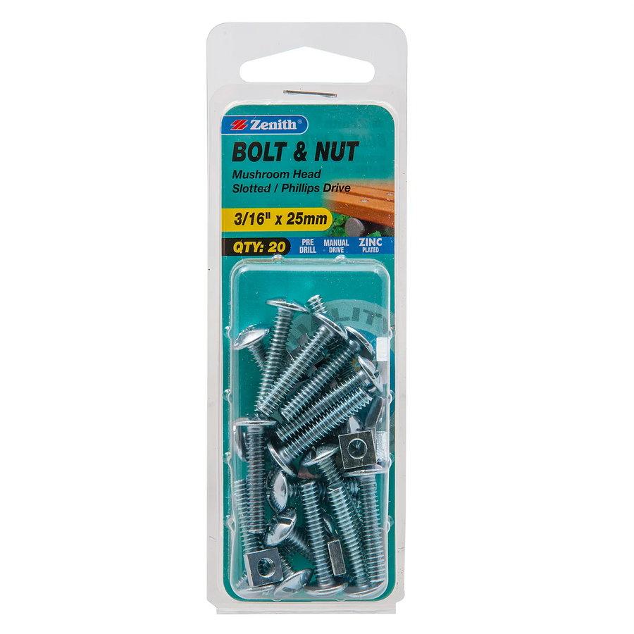 Zenith 3/16" x 25mm ZP Mushroom Head Bolt & Nut - 20 Pack