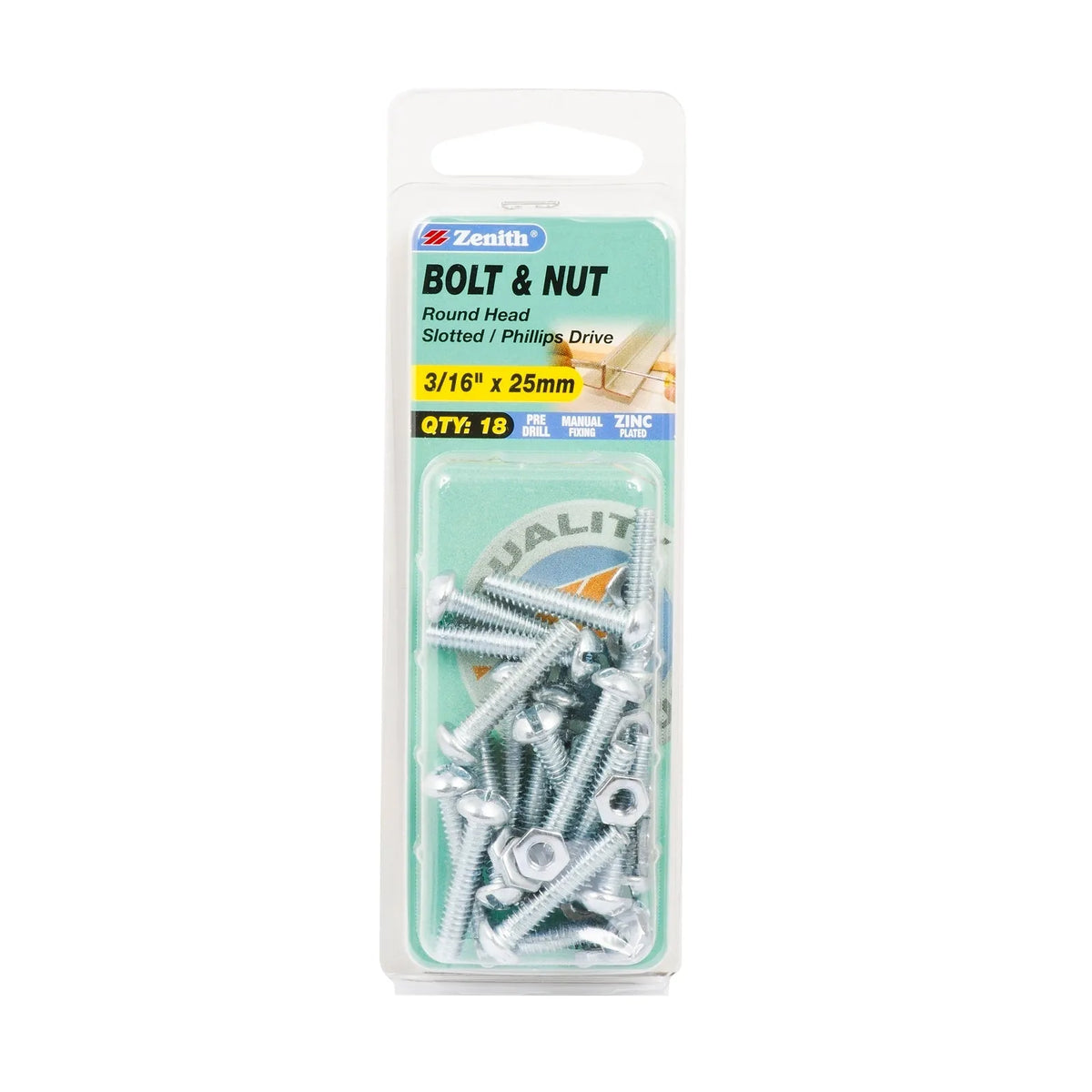 Zenith 3/16" x 25mm ZP Round Head Bolt & Nut - 18 Pack