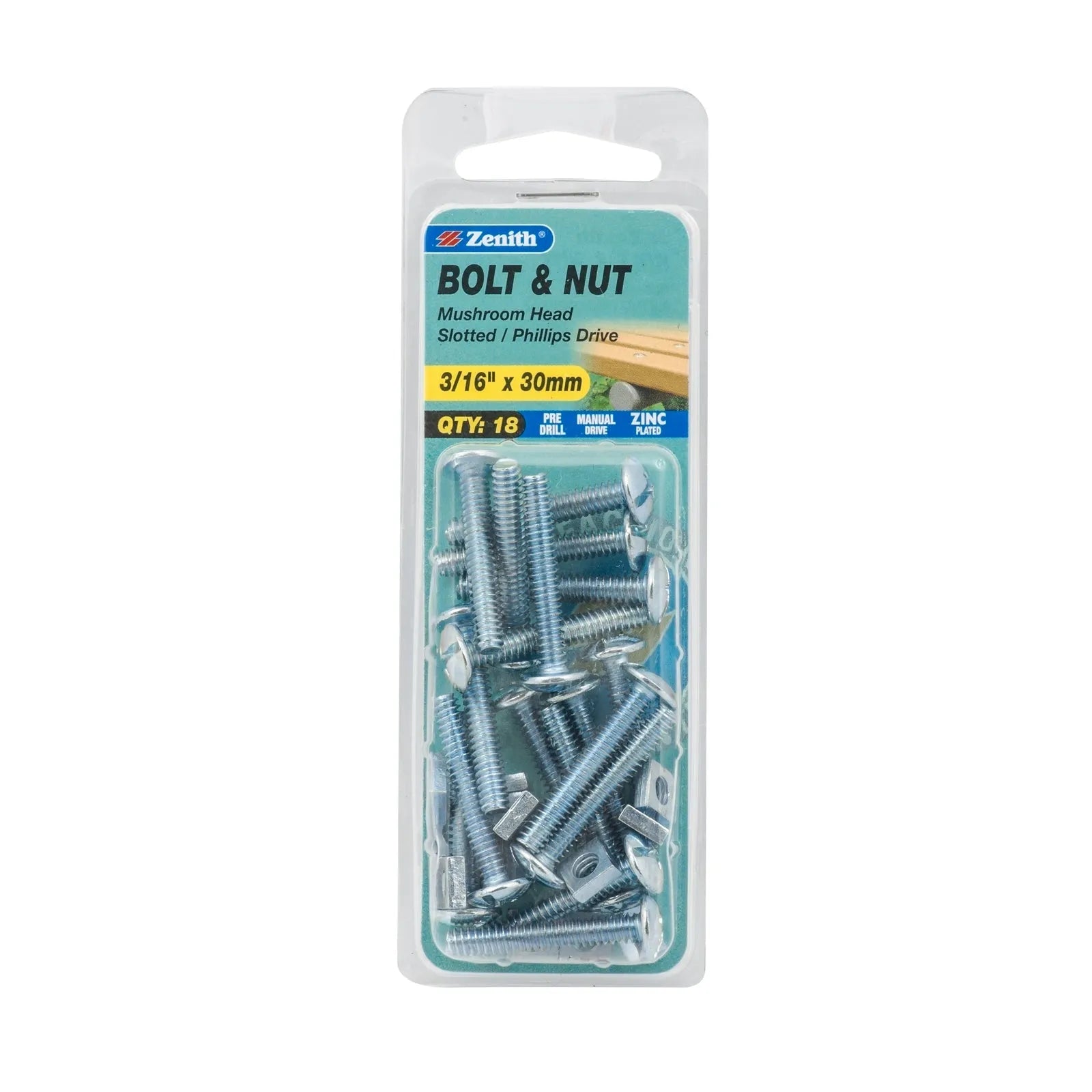 Zenith 3/16" x 30mm ZP Mushroom Head Bolt & Nut - 18 Pack