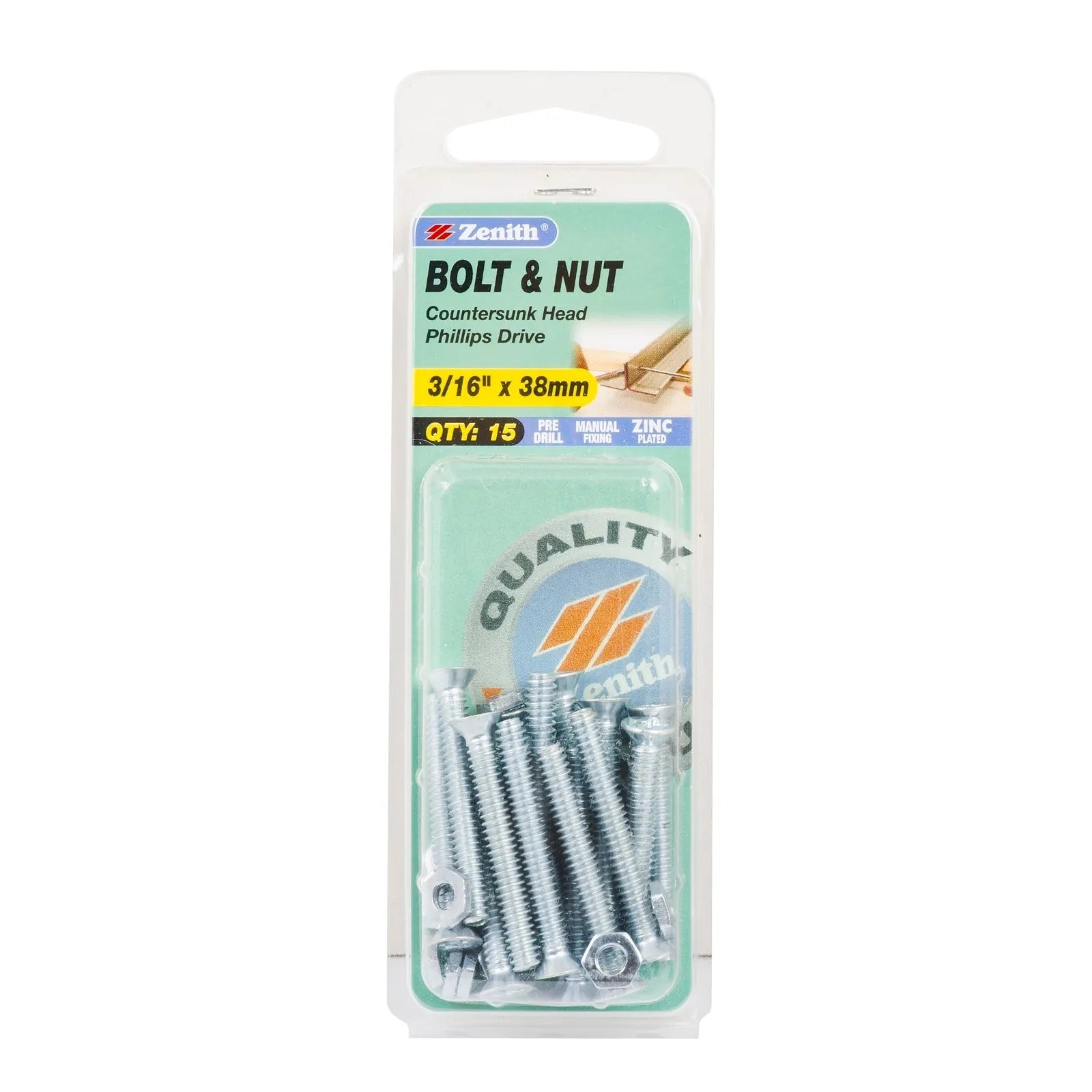 Zenith 3/16" x 38mm ZP Countersunk Bolt & Nut - 15 Pack