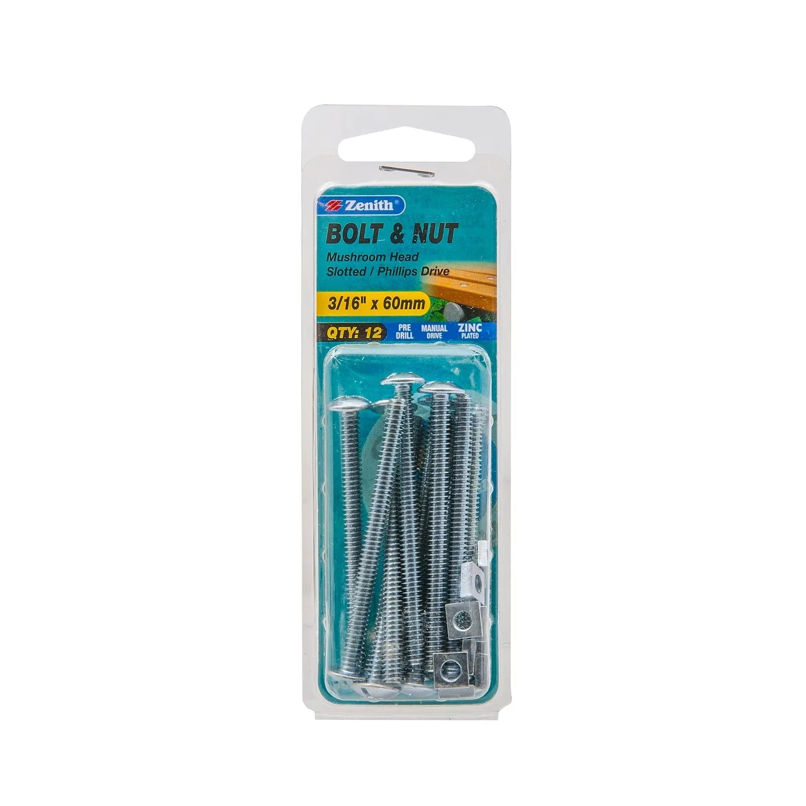 Zenith 3/16" x 60mm ZP Mushroom Head Bolt & Nut - 12 Pack