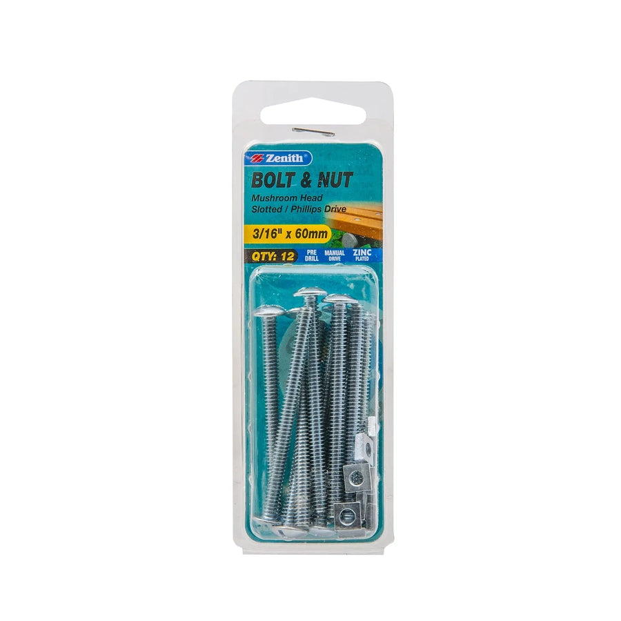 Zenith 3/16" x 60mm ZP Mushroom Head Bolt & Nut - 12 Pack