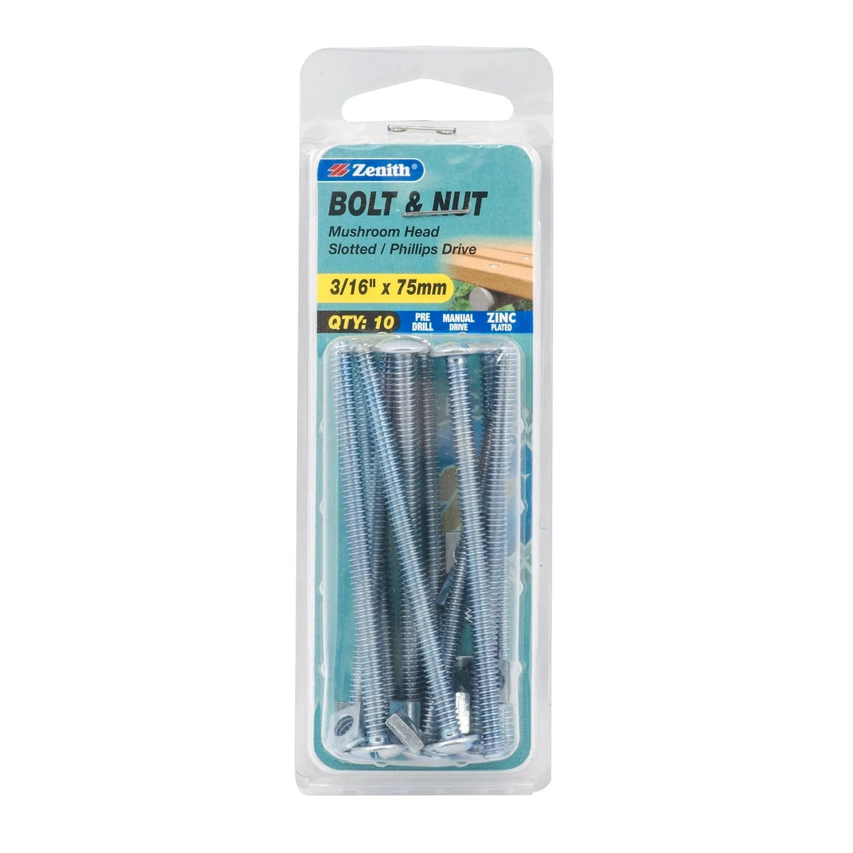 Zenith 3/16" x 75mm ZP Mushroom Head Bolt & Nut - 10 Pack