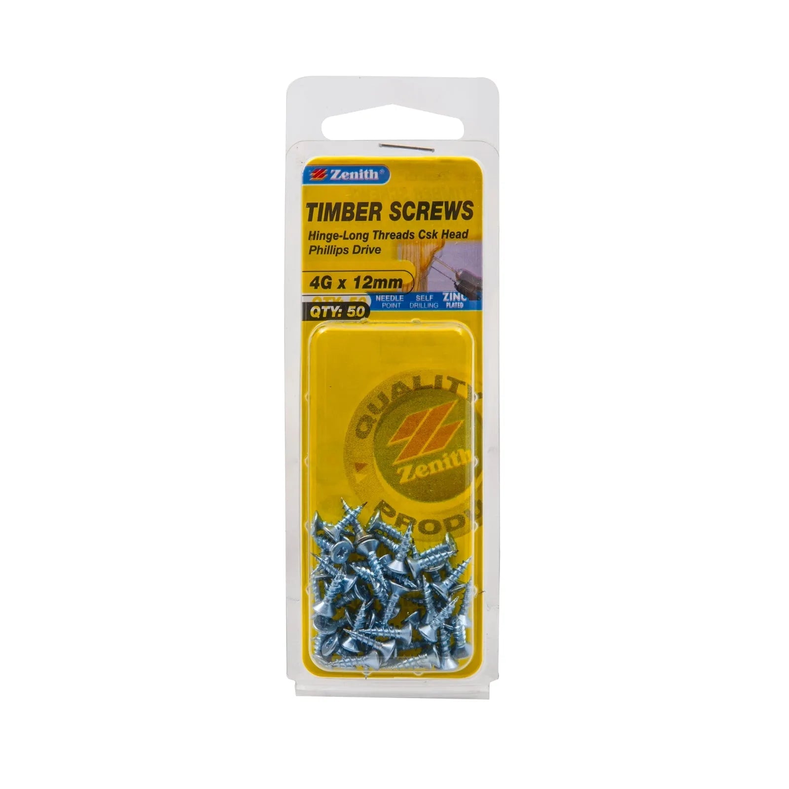 Zenith 4G x 12mm ZP Hinge-Long Threads Countersunk Head Timber Screws - 50 Pack