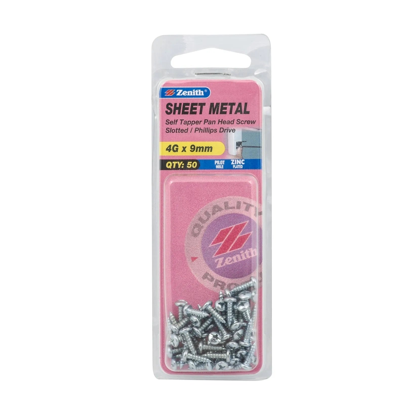 Zenith 4G x 9mm ZP Self Tapper Pan Head Sheet Metal Screws - 50 Pack