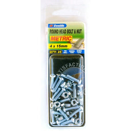 Zenith 4 x 15mm ZP Round Head Bolt & Nut - 25 Pack