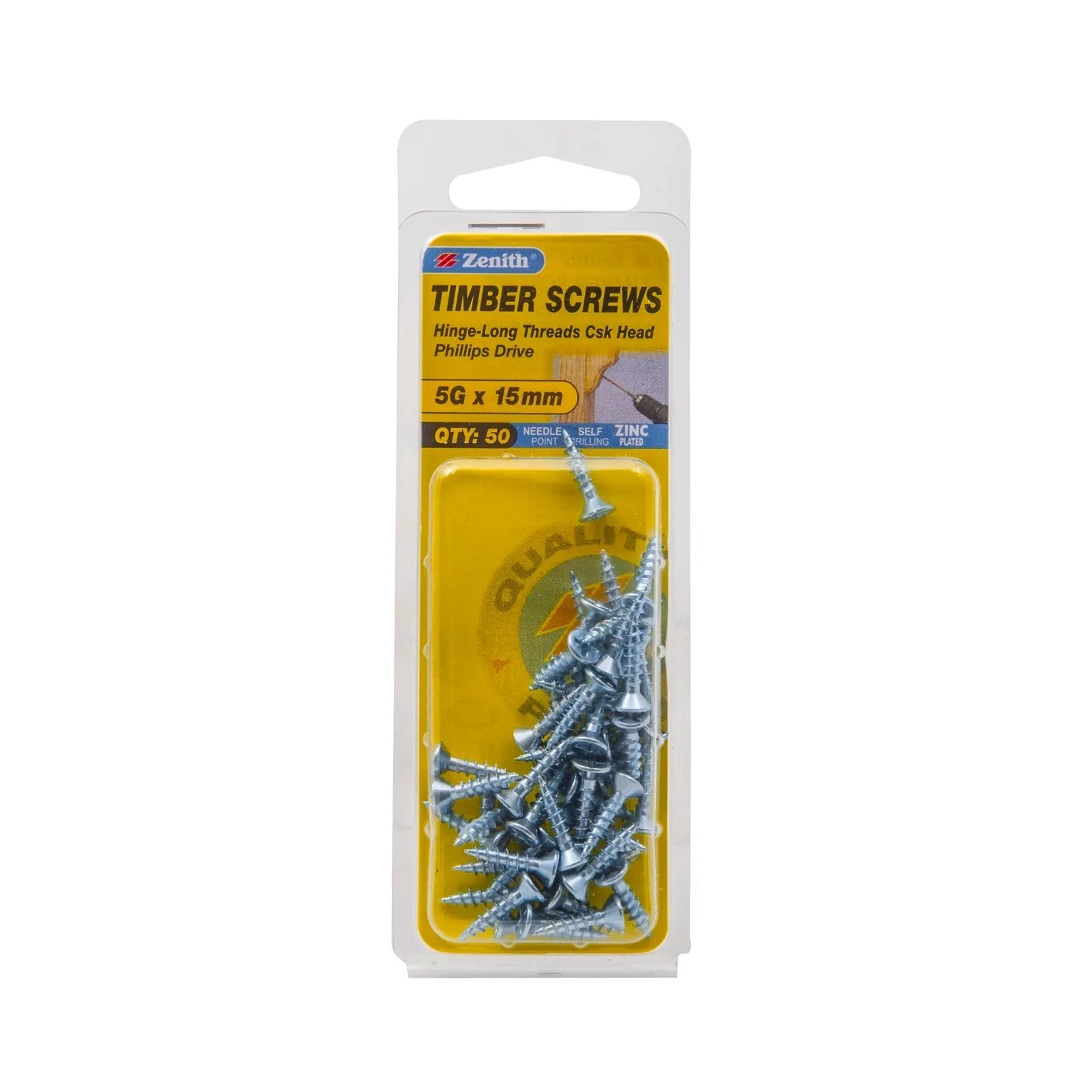 Zenith 5G x 15mm ZP Hinge-Long Threads Countersunk Head Timber Screws - 50 Pack