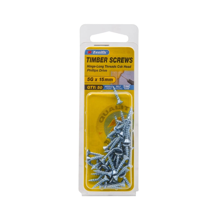 Zenith 5G x 15mm ZP Hinge-Long Threads Countersunk Head Timber Screws - 50 Pack